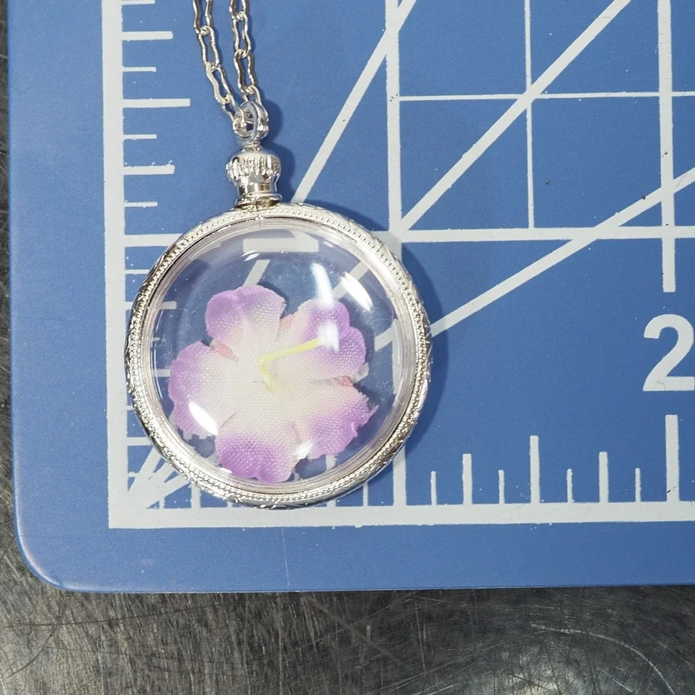 Vintage Avon Necklace Purple Flower Collectors Locket Pendant Silver Tone Chain